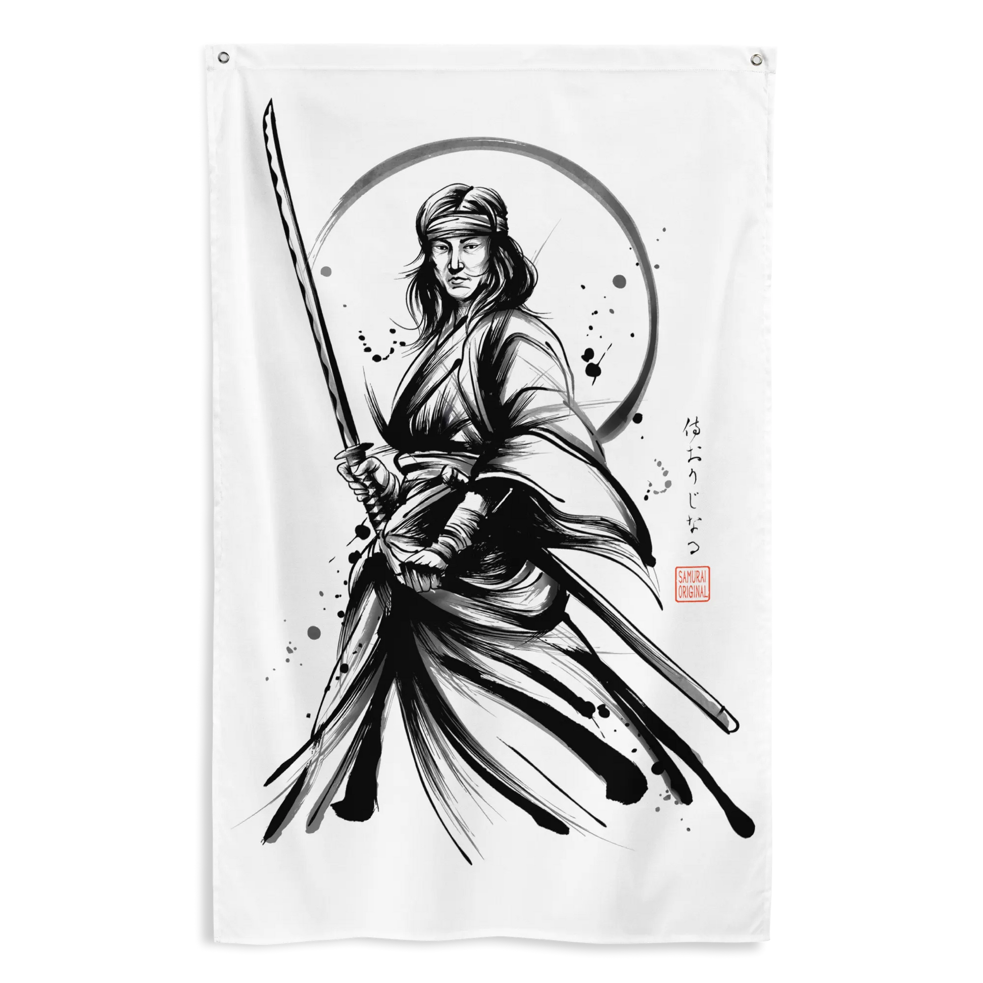 Female Samurai Sumi-e Japanese Ink Flag - Default Title