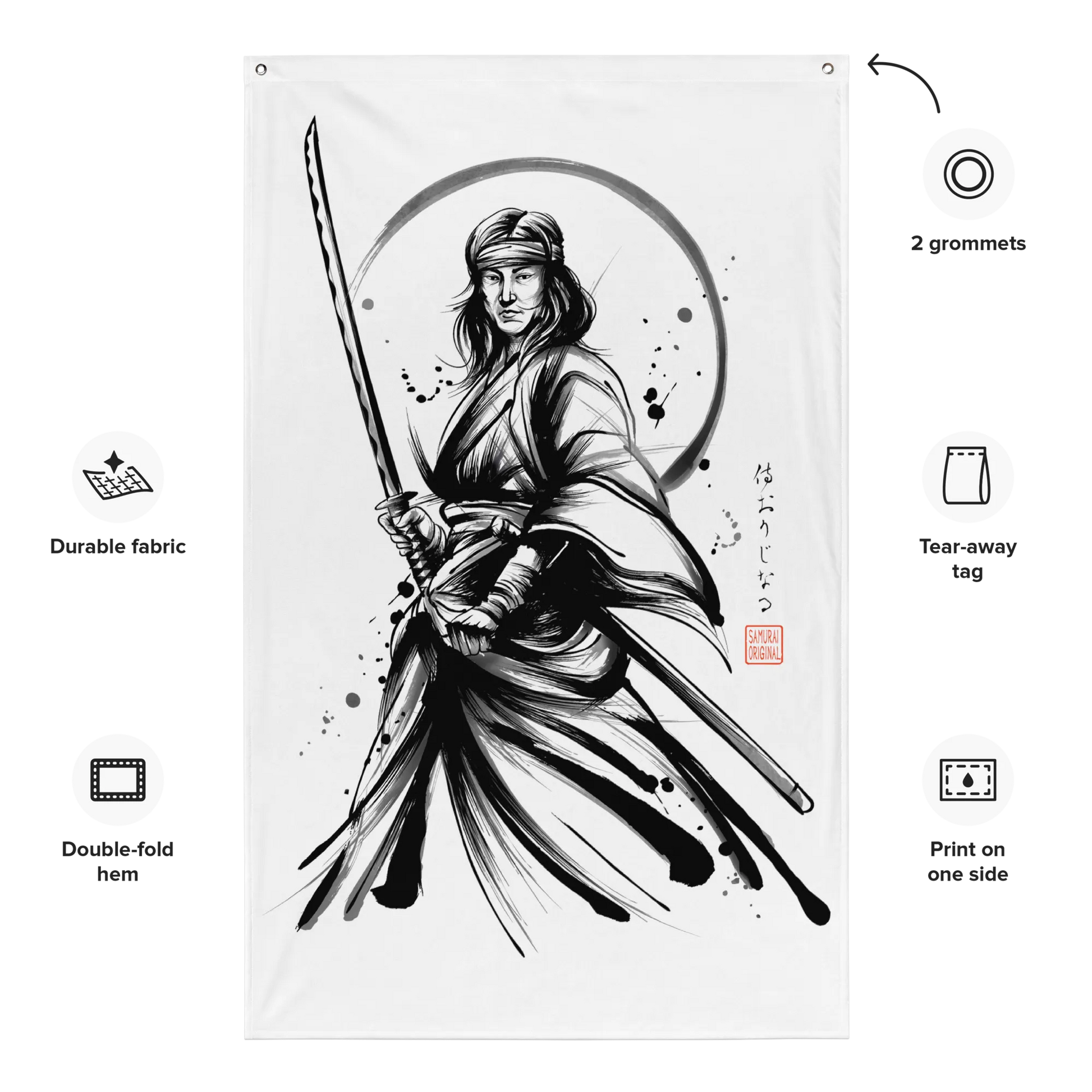 Female Samurai Sumi-e Japanese Ink Flag -