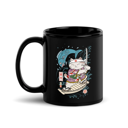 Samurai Cat Love Fish 2 Ukiyo-e Funny Black Glossy Mug