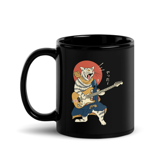 Cat Playing Guitar Ukiyo-e Black Glossy Mug