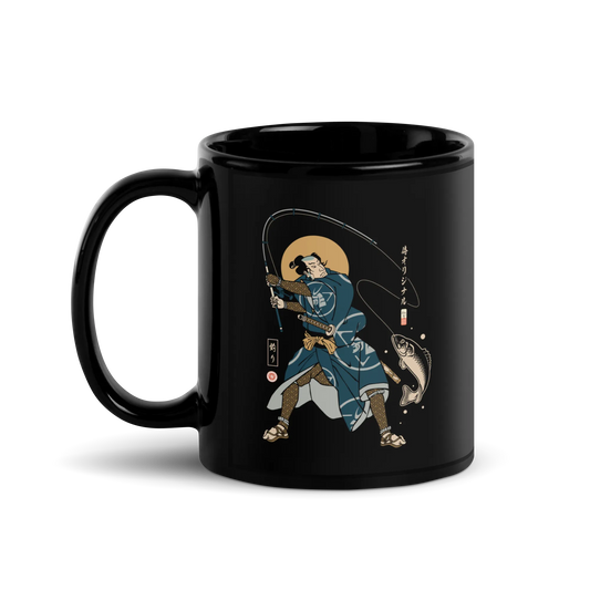 Samurai Fishing 4 Ukiyo-e Black Glossy Mug