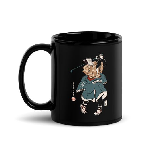 Samurai Golf Player Ukiyo-e Black Glossy Mug