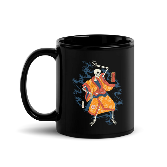 Halloween Dancing Skeletons Ukiyo-e Black Glossy Mug