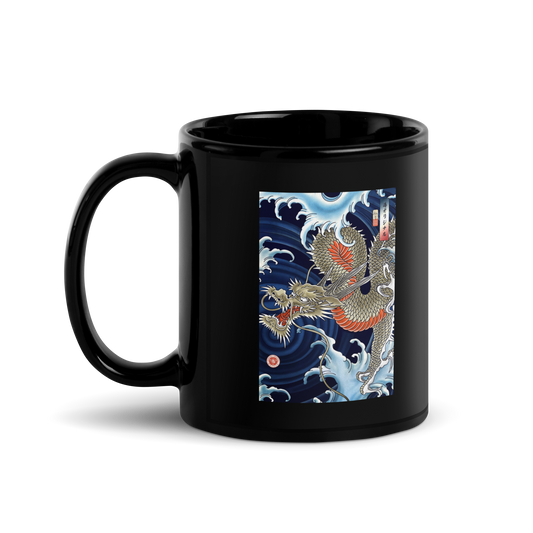 Dragon Japanese Ukiyo-e Black Glossy Mug