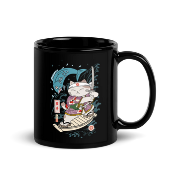 Samurai Cat Love Fish 2 Ukiyo-e Funny Black Glossy Mug