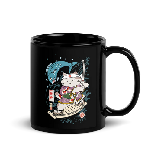 Samurai Cat Love Fish 2 Ukiyo-e Funny Black Glossy Mug