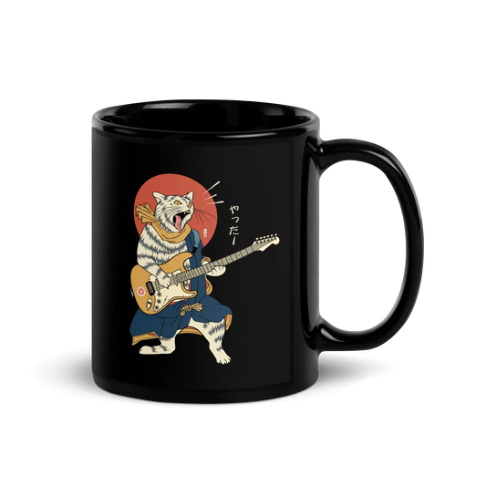 Cat Playing Guitar Ukiyo-e Black Glossy Mug