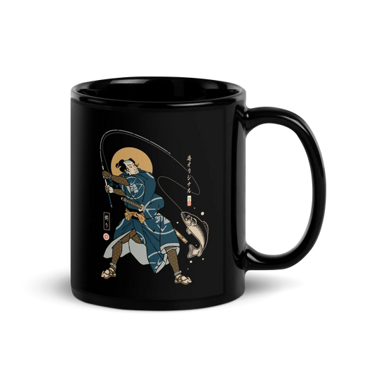 Samurai Fishing 4 Ukiyo-e Black Glossy Mug