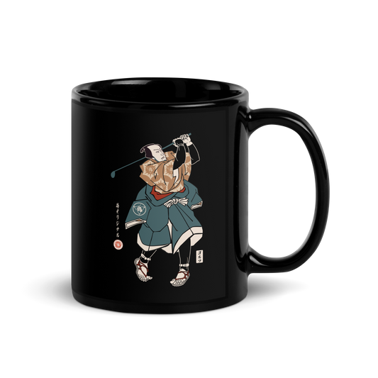 Samurai Golf Player Ukiyo-e Black Glossy Mug