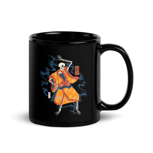 Halloween Dancing Skeletons Ukiyo-e Black Glossy Mug