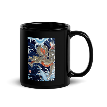 Dragon Japanese Ukiyo-e Black Glossy Mug