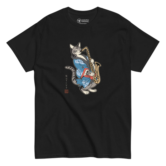 Cat Saxophone Funny Japanese Ukiyo-e Men's Classic Tee - Black / S