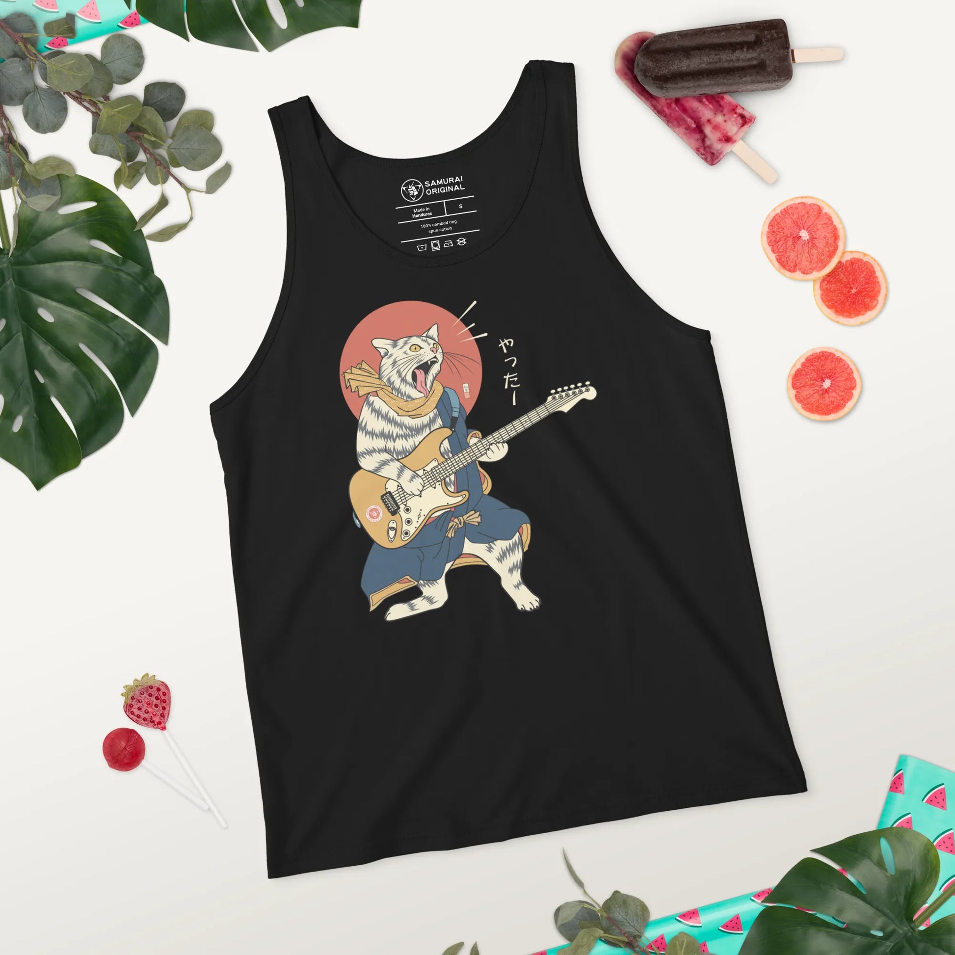 Cat Playing Guitar Funny Japanese Ukiyo-e Unisex Tank Top -