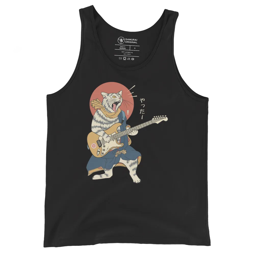 Cat Playing Guitar Funny Japanese Ukiyo-e Unisex Tank Top - Black / S