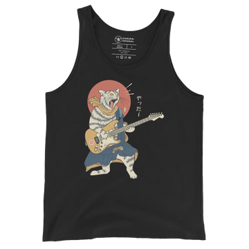 Cat Playing Guitar Funny Japanese Ukiyo-e Unisex Tank Top - Black / S