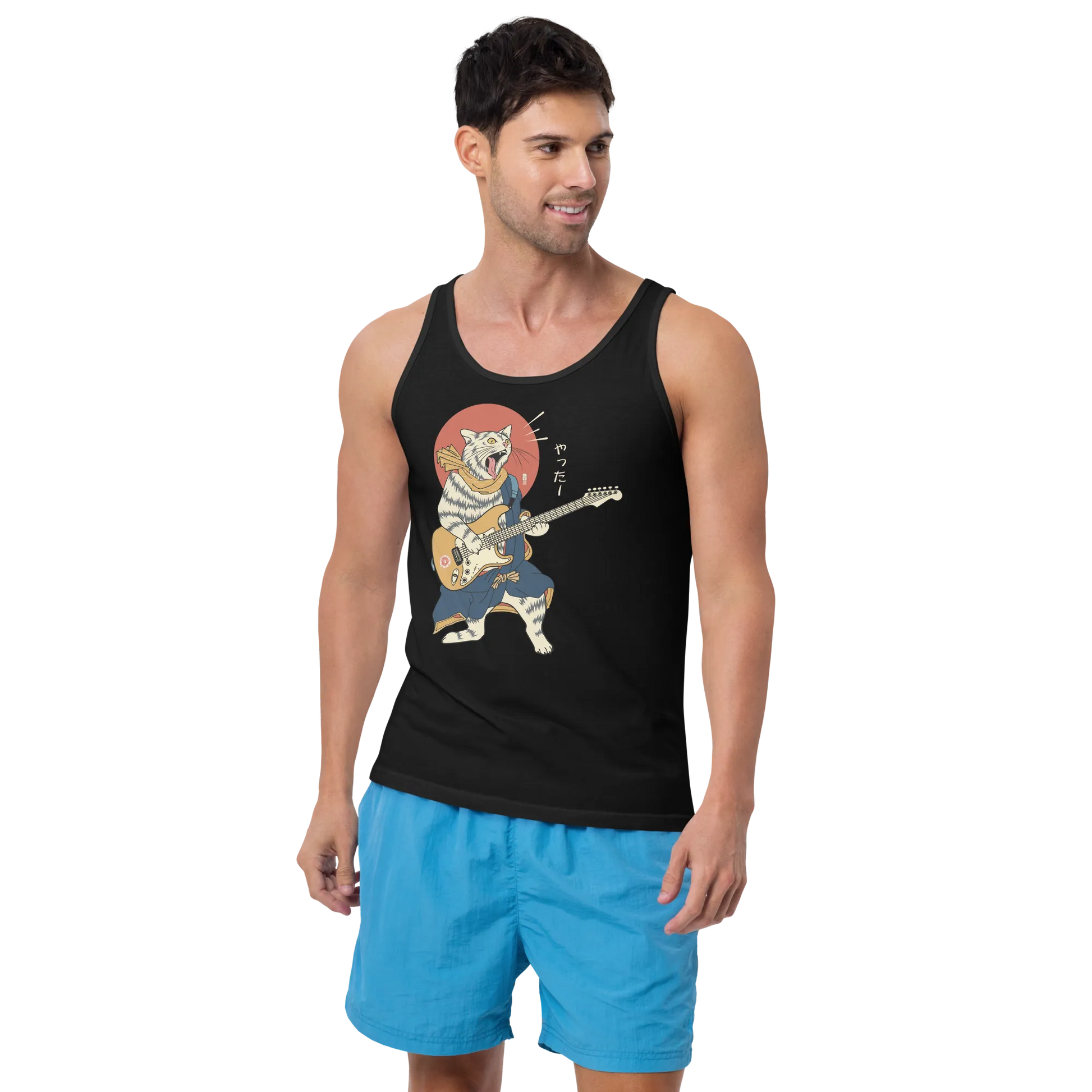 Cat Playing Guitar Funny Japanese Ukiyo-e Unisex Tank Top -