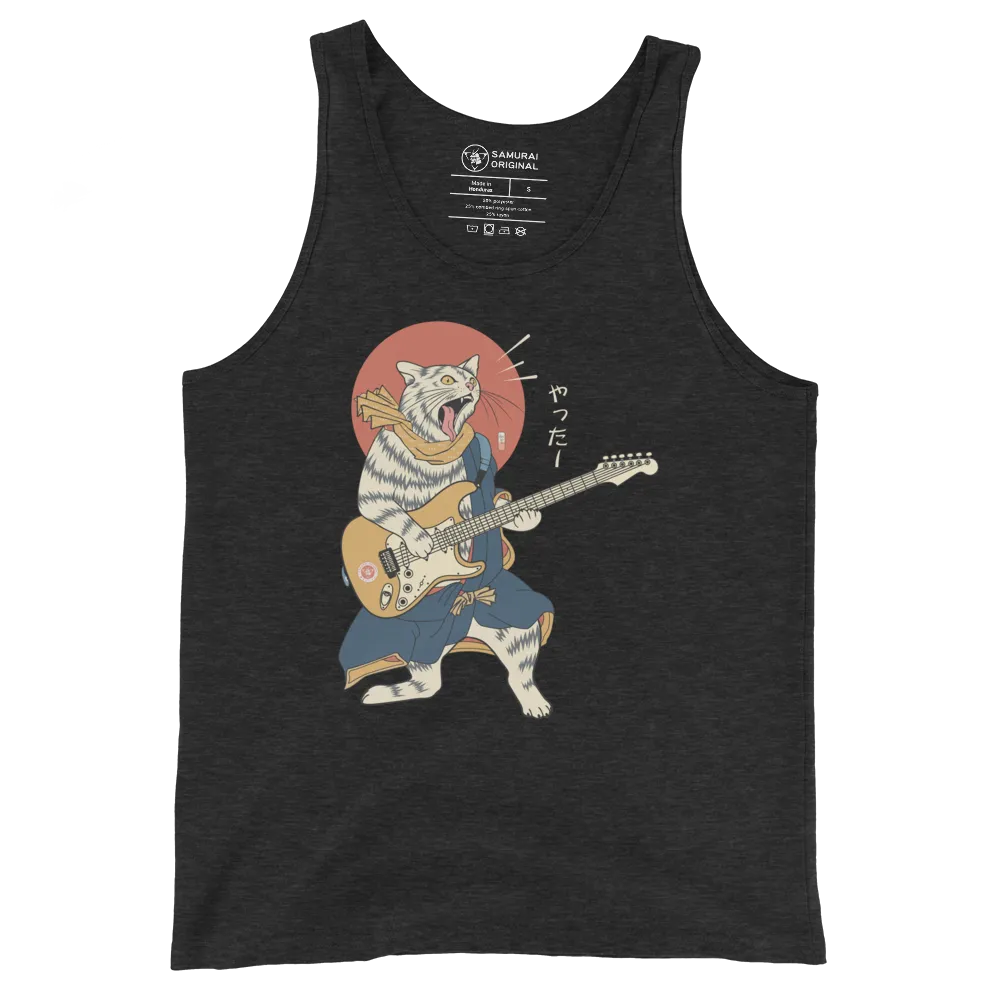 Cat Playing Guitar Funny Japanese Ukiyo-e Unisex Tank Top - Charcoal-Black Triblend / S