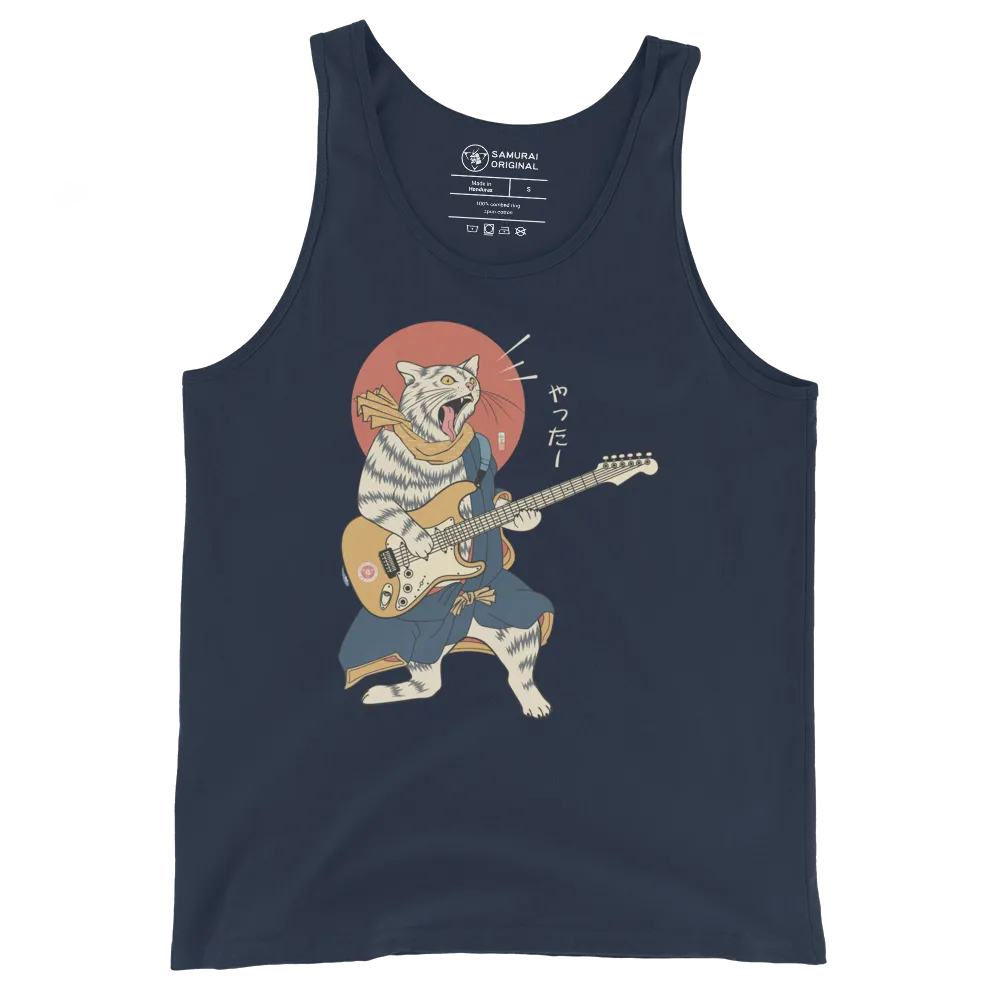 Cat Playing Guitar Funny Japanese Ukiyo-e Unisex Tank Top - Navy / S