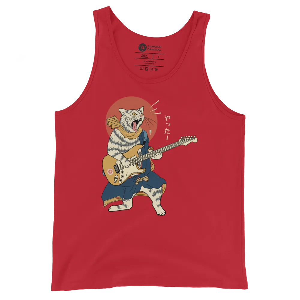 Cat Playing Guitar Funny Japanese Ukiyo-e Unisex Tank Top - Red / S