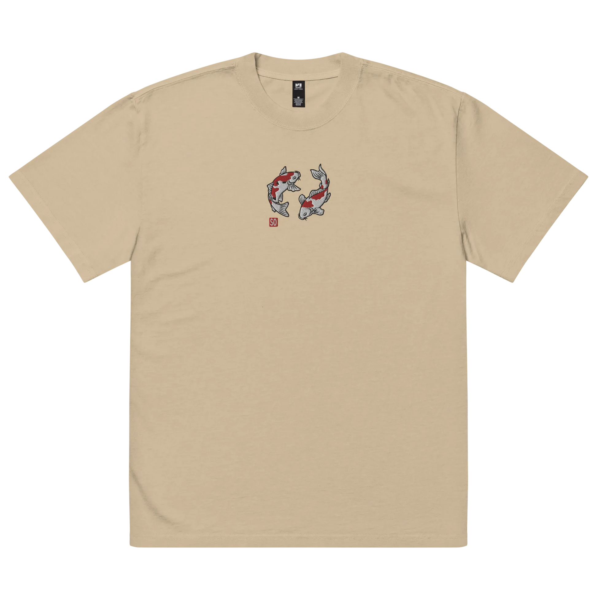 Koi Fish Embroidery Japanese Unisex Oversized Faded T-shirt - Faded Khaki / S