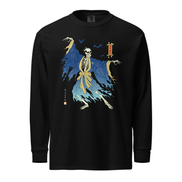 Halloween Samurai Skeleton Japanese Ukiyo-e Unisex Heavyweight Long Sleeve Shirt 2