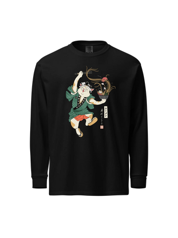 Cat Samurai Ramen Japanese Ukiyo-e Unisex Heavyweight Long Sleeve Shirt