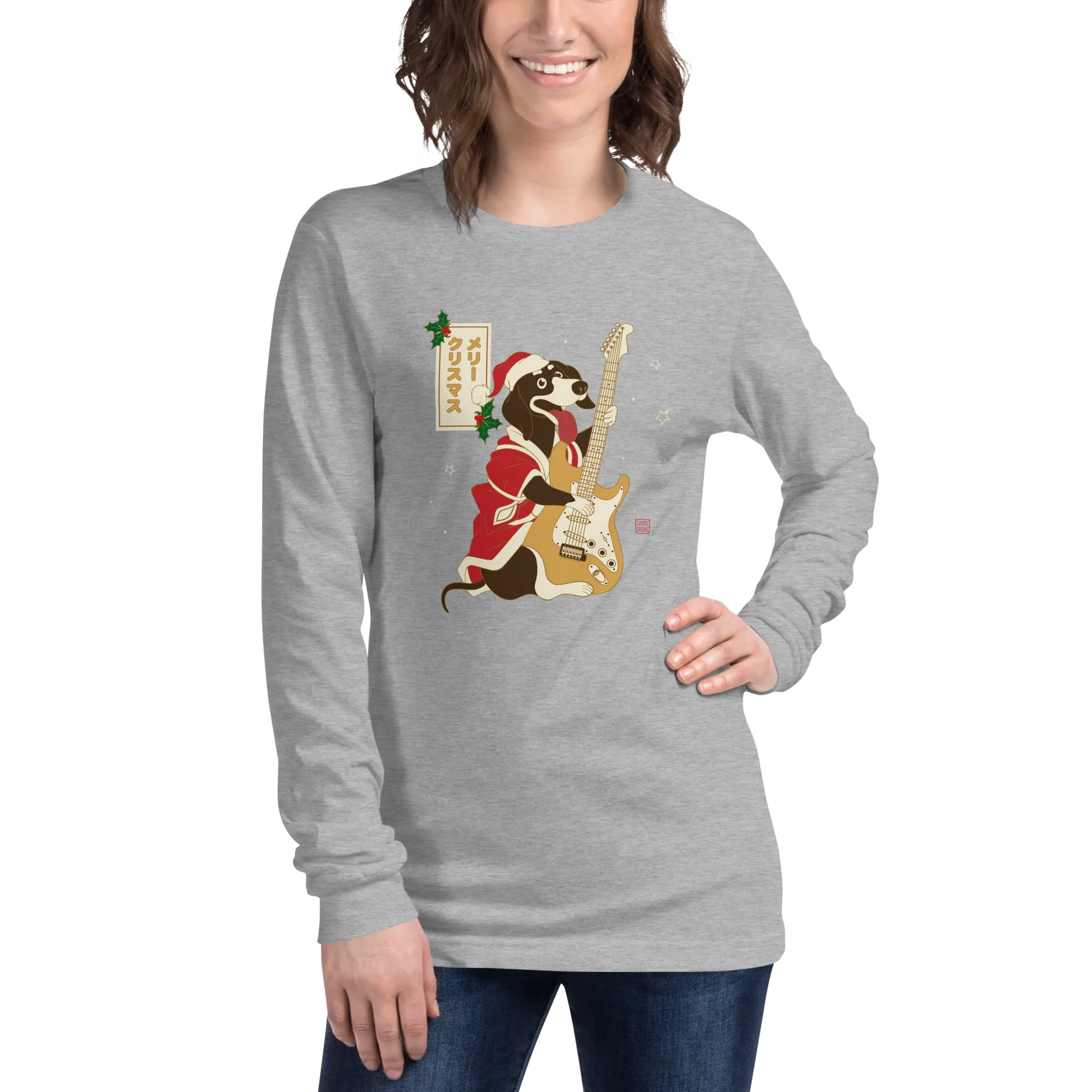 Dachshund Play Guitar Christmas Japanese Ukiyo-e Unisex Long Sleeve Tee -