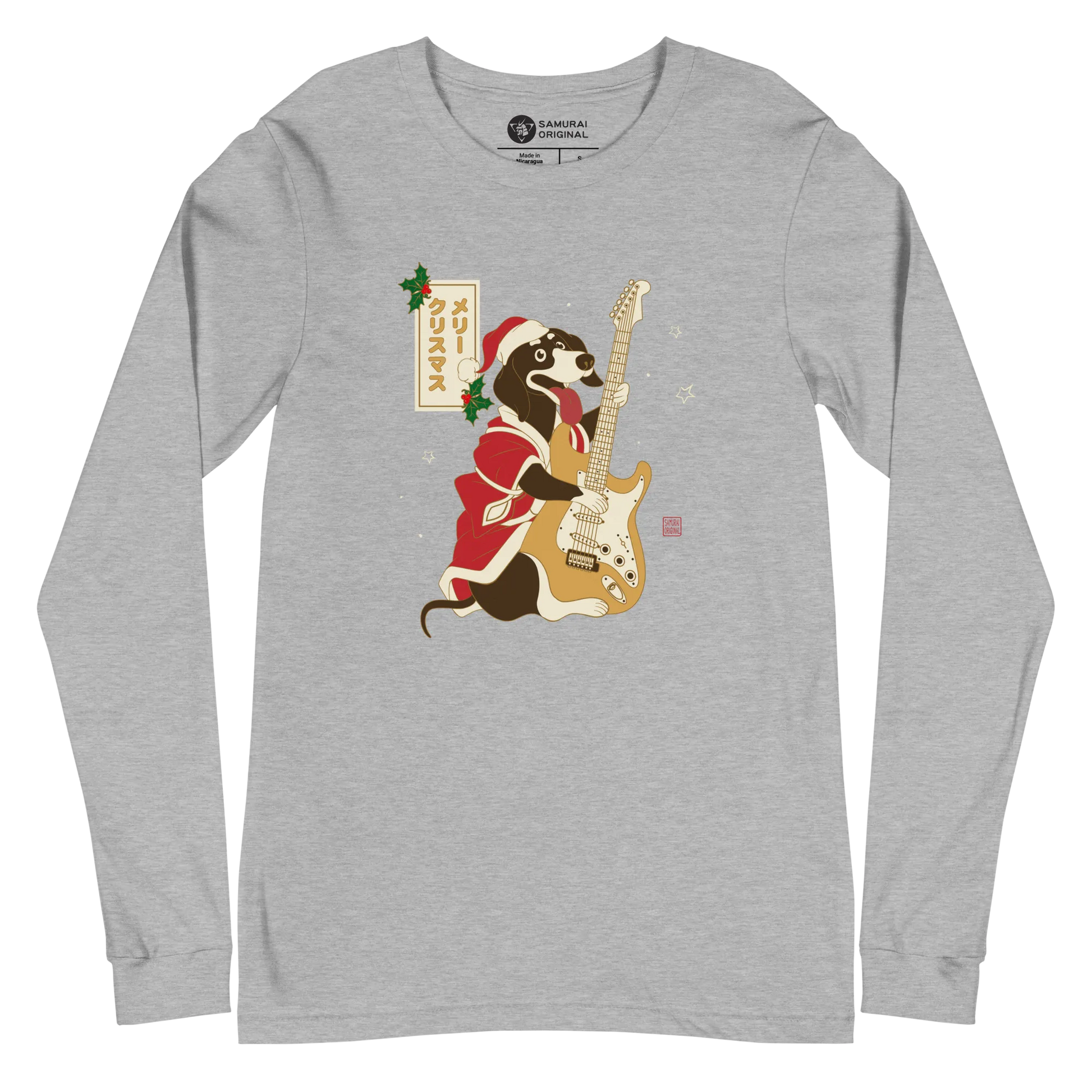 Dachshund Play Guitar Christmas Japanese Ukiyo-e Unisex Long Sleeve Tee - Athletic Heather / S