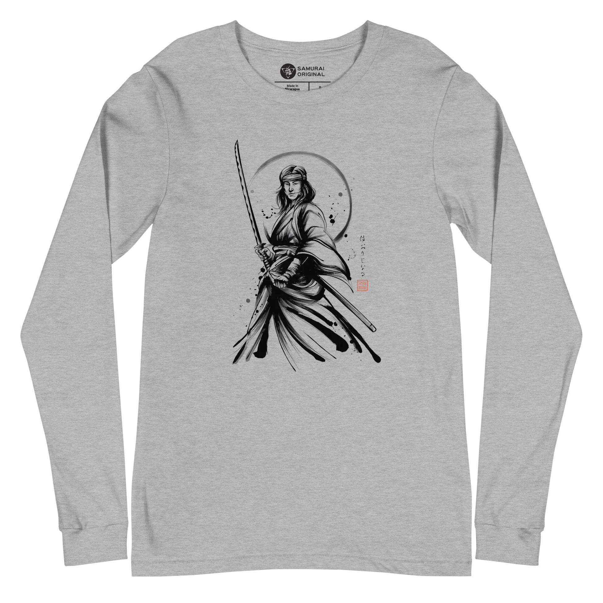 Female Samurai Sumi-e Japanese Ink Unisex Long Sleeve Tee - Athletic Heather / S