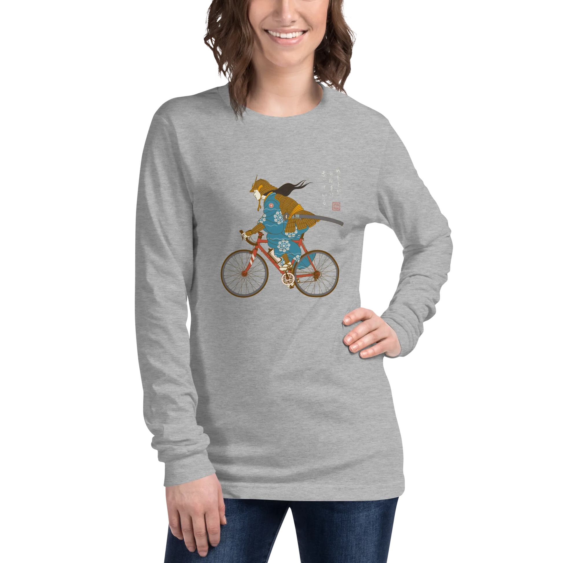 Onna Musha Riding Bicycle Japanese Ukiyo-e Unisex Long Sleeve Tee - Samurai Original