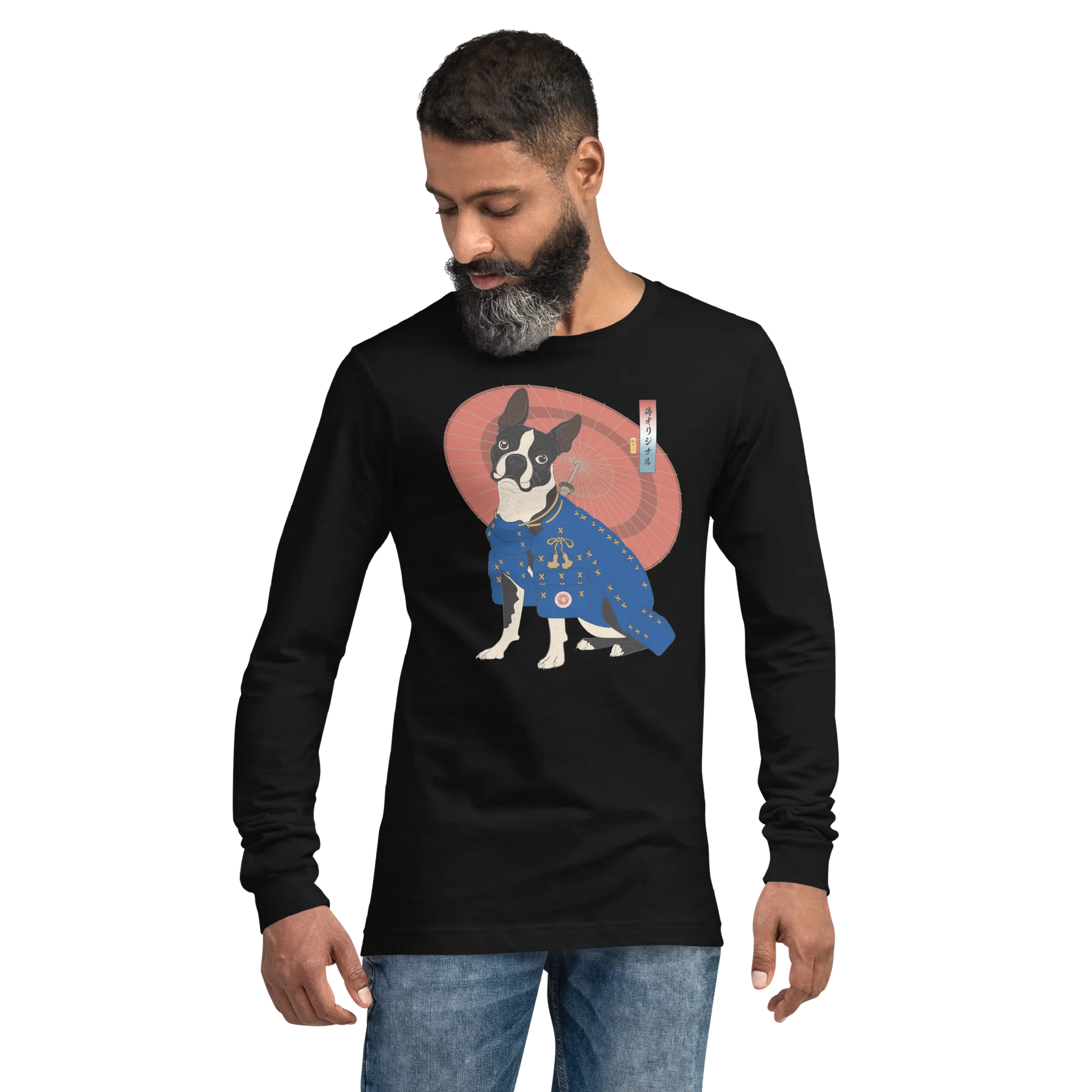 Boston Terrier Funny Dog Japanese Ukiyo-e Unisex Long Sleeve Tee 2 -