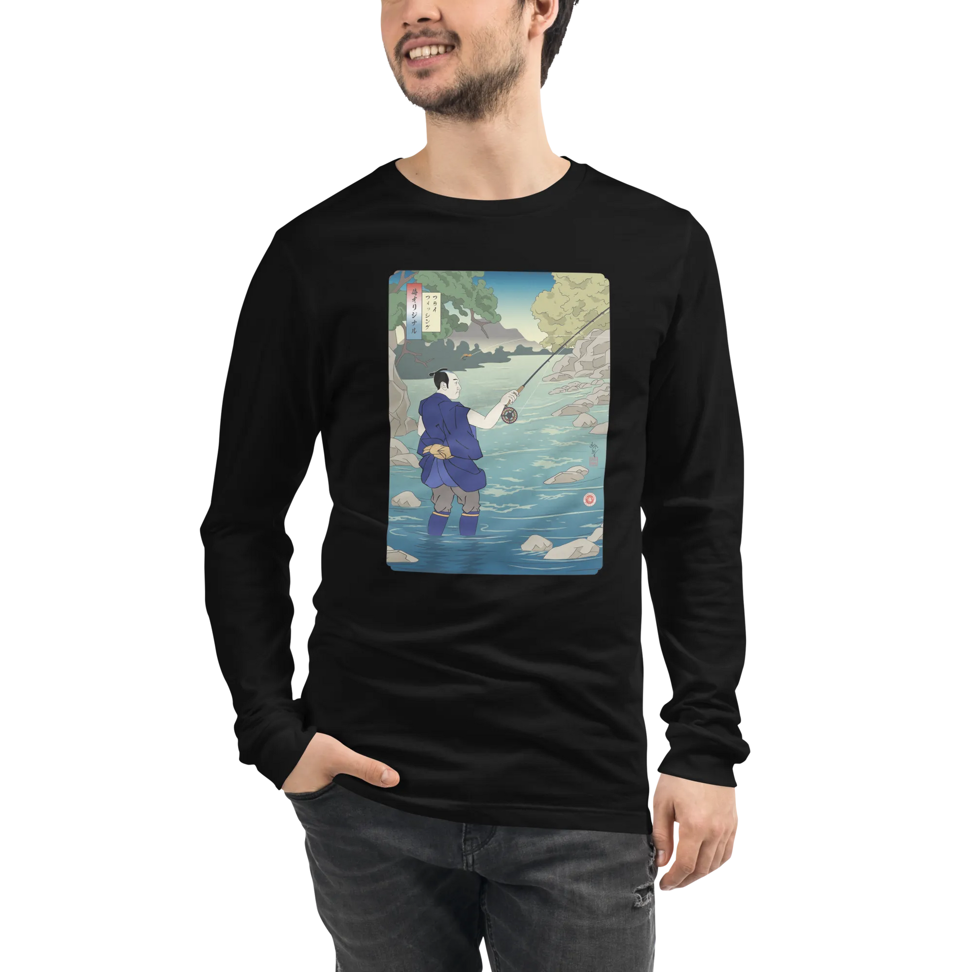 Samurai Fly Fishing Japanese Ukiyo-e Unisex Long Sleeve Tee - Samurai Original