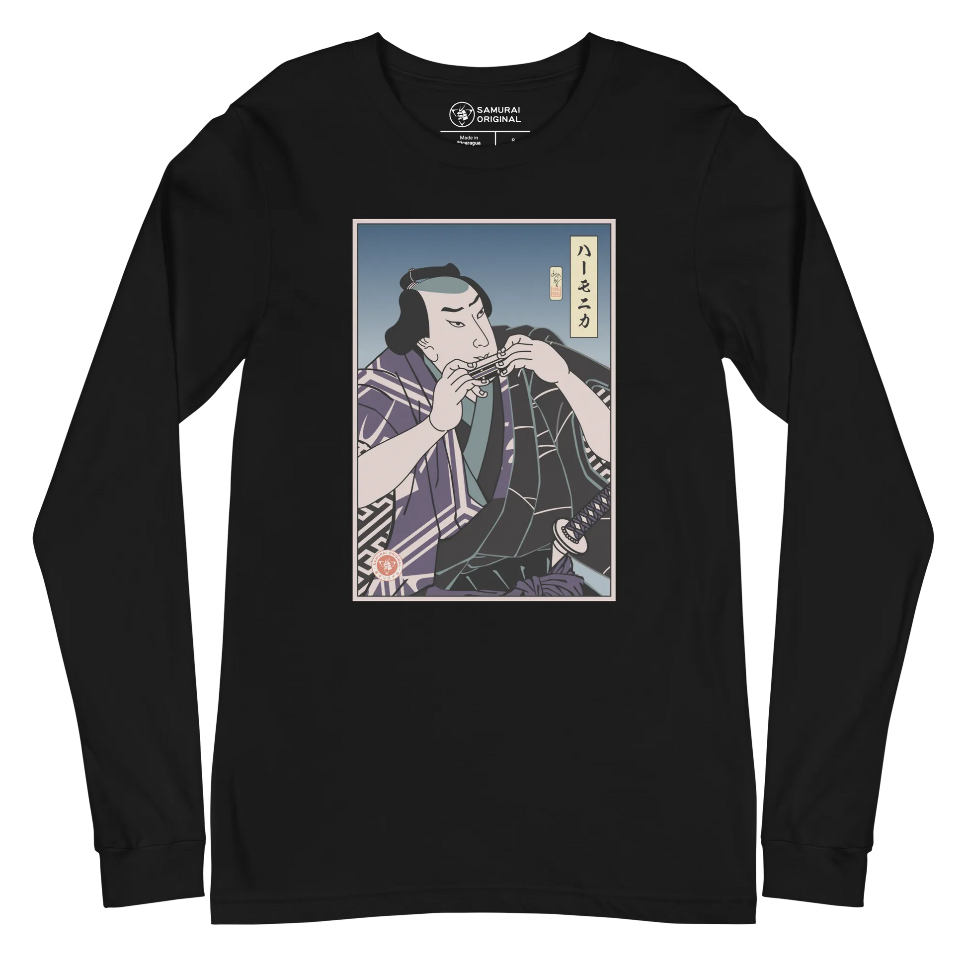 Samurai Harmonica Player Music Ukiyo-e Unisex Long Sleeve Tee - Black / S