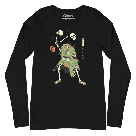 Halloween Samurai Skeleton Juggling Japanese Ukiyo-e Unisex Long Sleeve Tee - Black / S