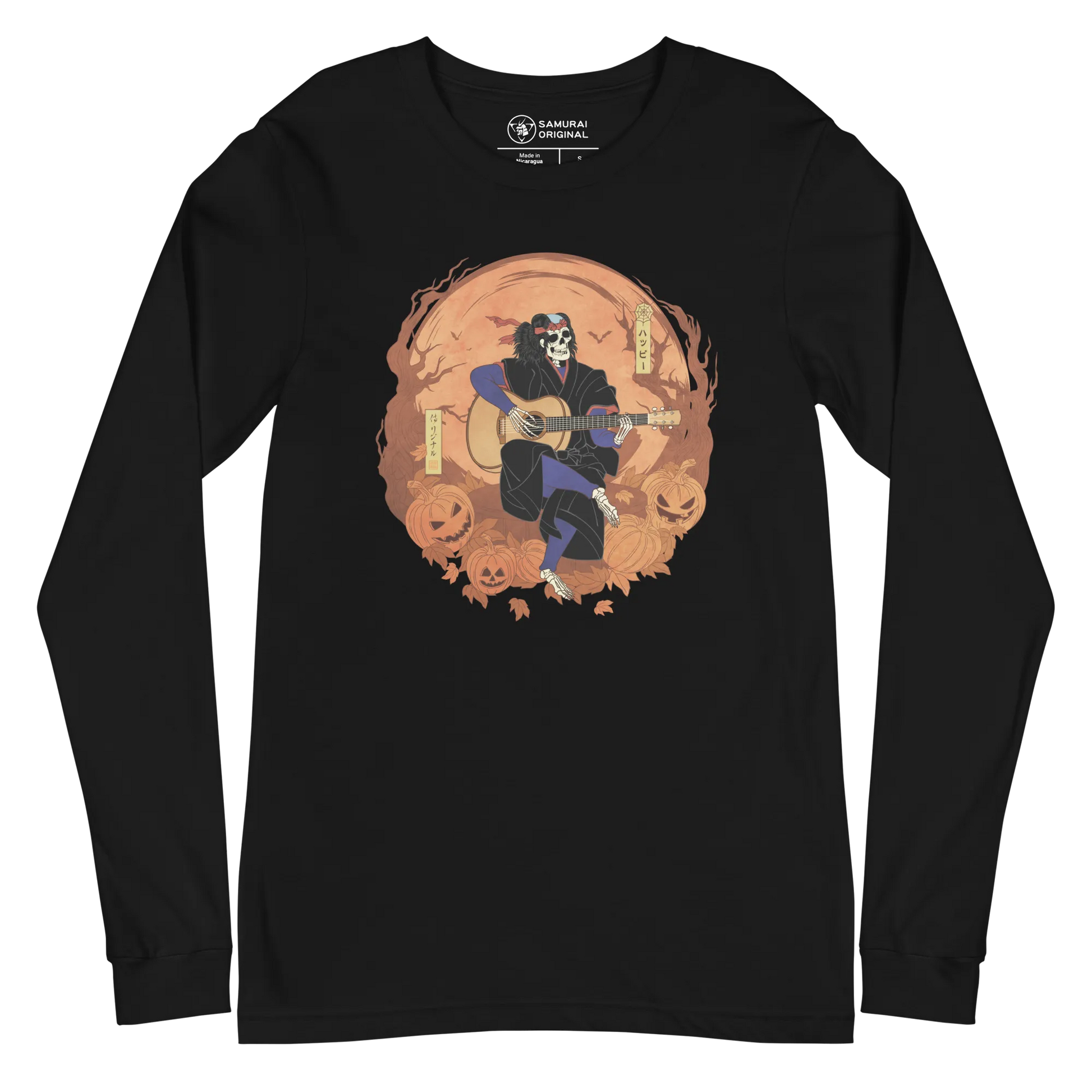 Halloween Skeleton Play Guitar Japanese Ukiyo-e Unisex Long Sleeve Tee - Black / S