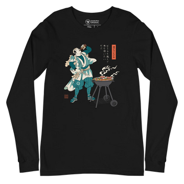 Samurai Beer and BBQ Japanese Ukiyo-e Unisex Long Sleeve Tee - Black / S