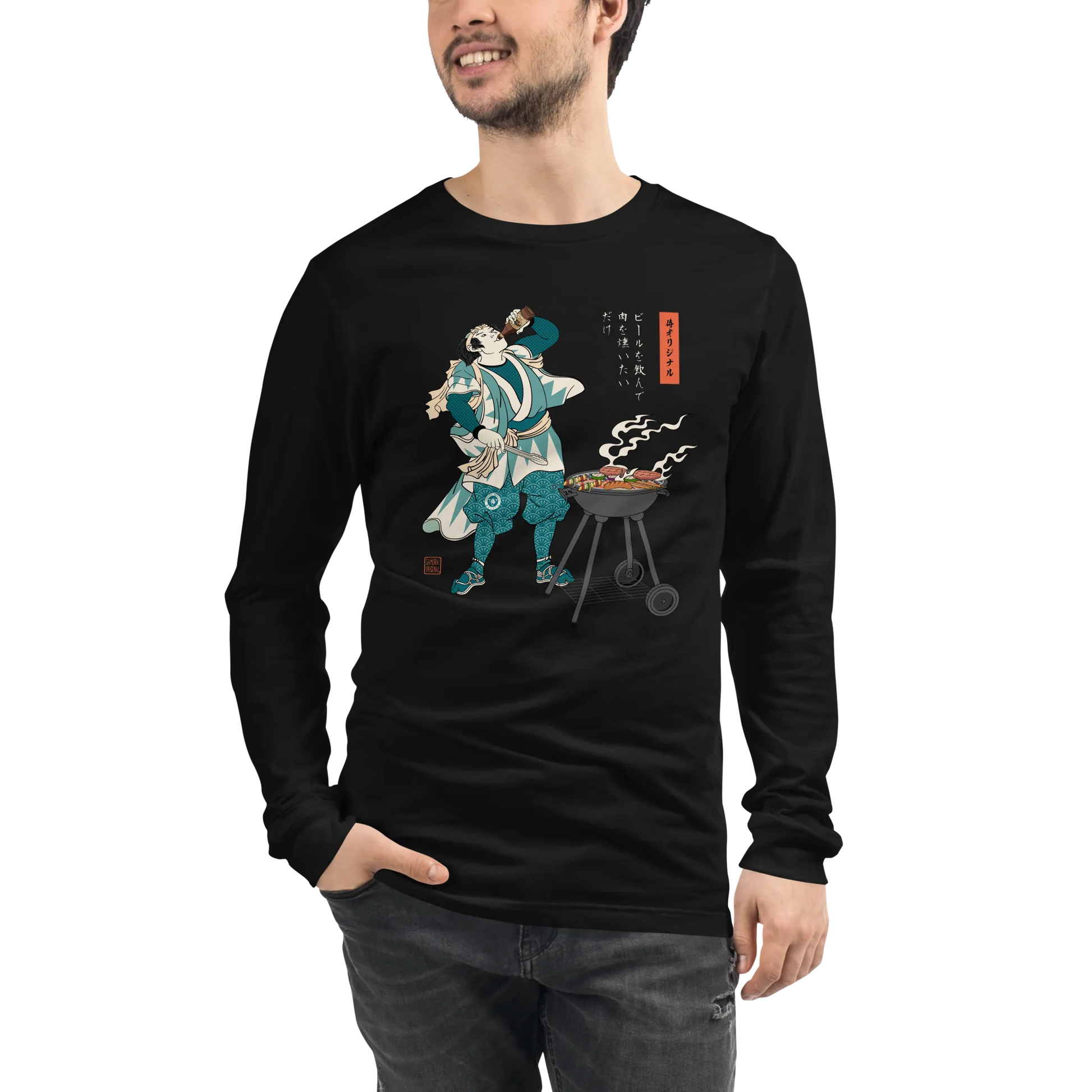 Samurai Beer and BBQ Japanese Ukiyo-e Unisex Long Sleeve Tee -