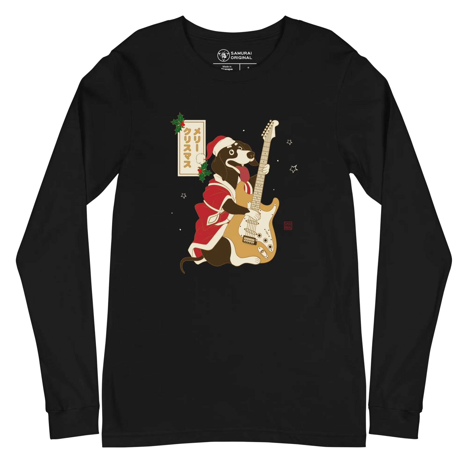 Dachshund Play Guitar Christmas Japanese Ukiyo-e Unisex Long Sleeve Tee - Black / S