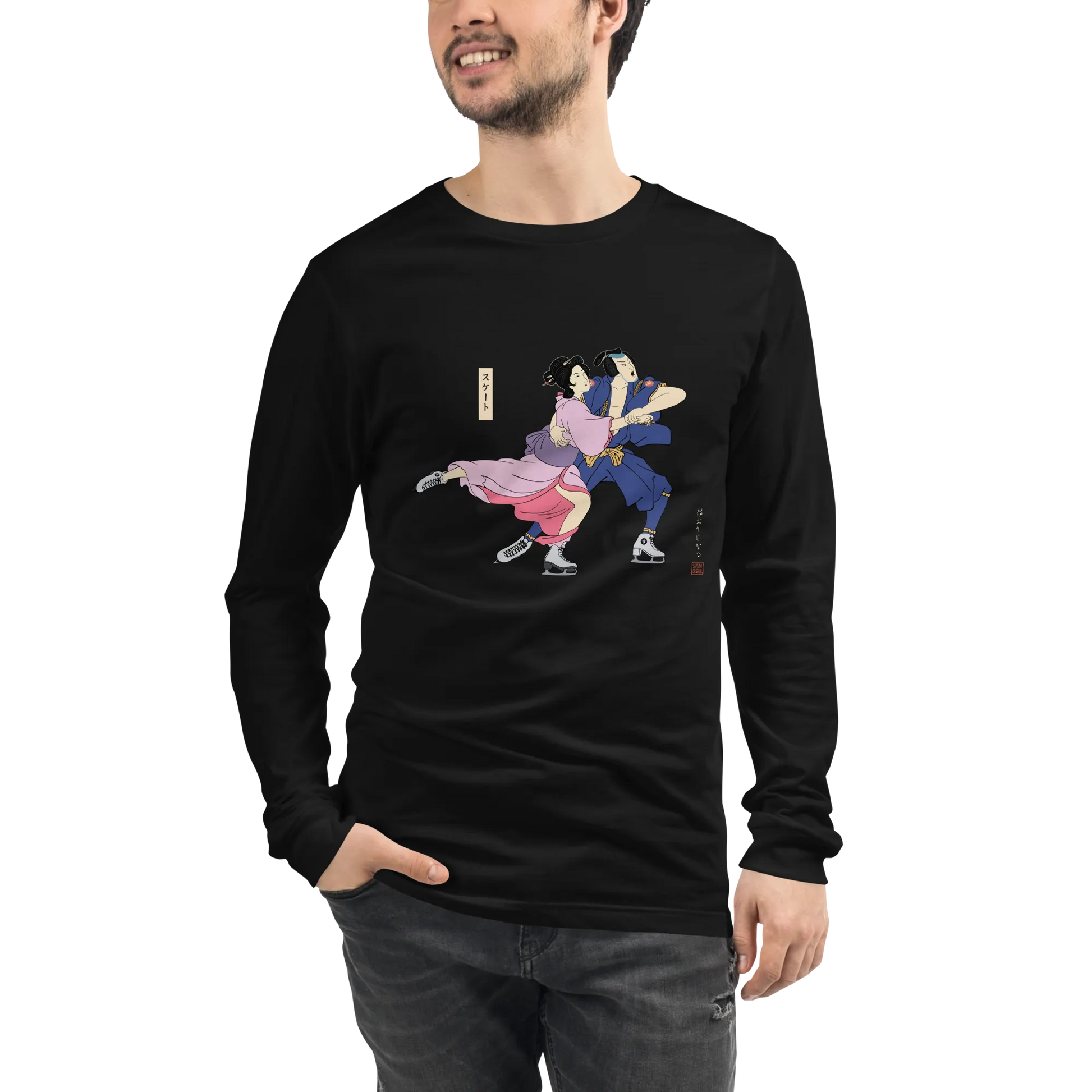 Samurai & Geisha Figure Skating Japanese Ukiyo-e Unisex Long Sleeve Tee - Samurai Original