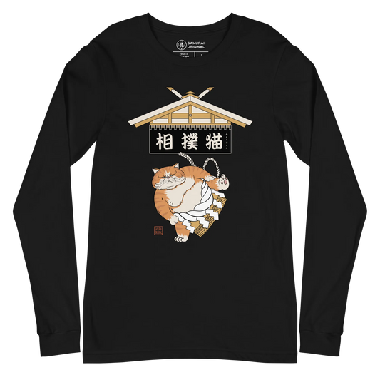 Cat Sumo Japanese Ukiyo-e Unisex Long Sleeve Tee - Black / S