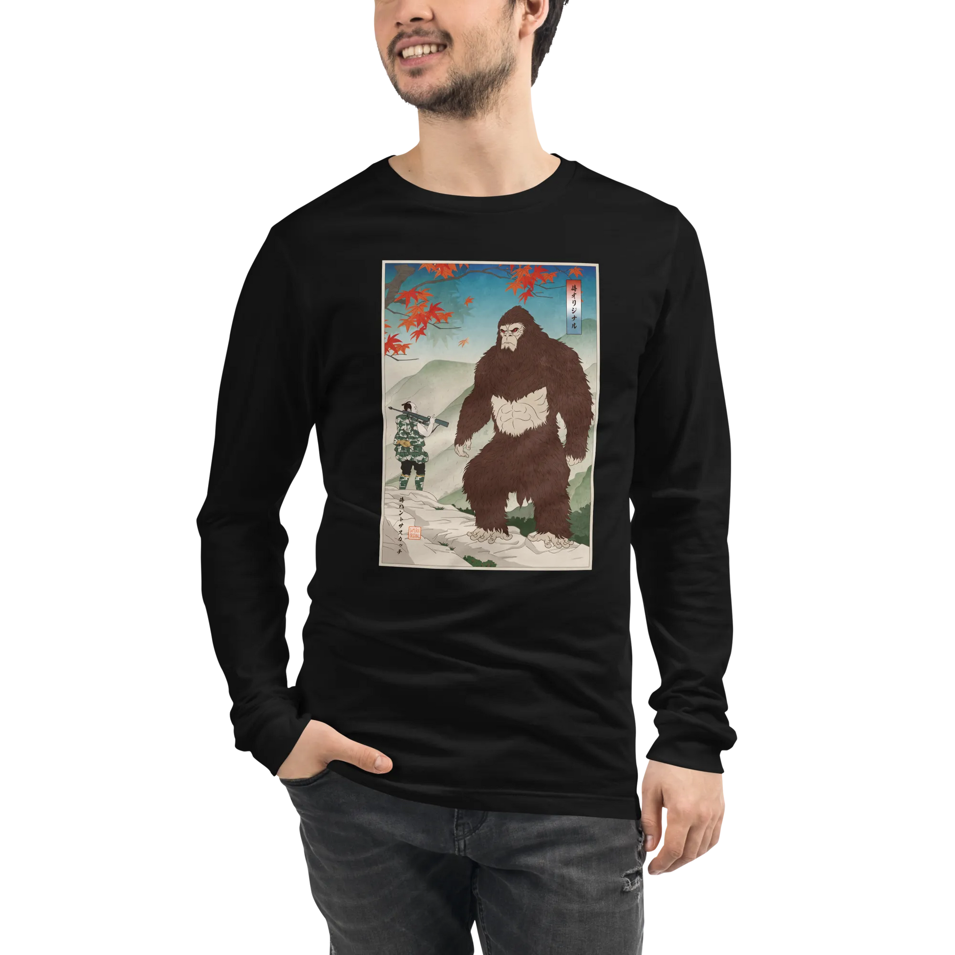 Samurai Hunts Sasquatch Japanese Ukiyo-e Unisex Long Sleeve Tee -