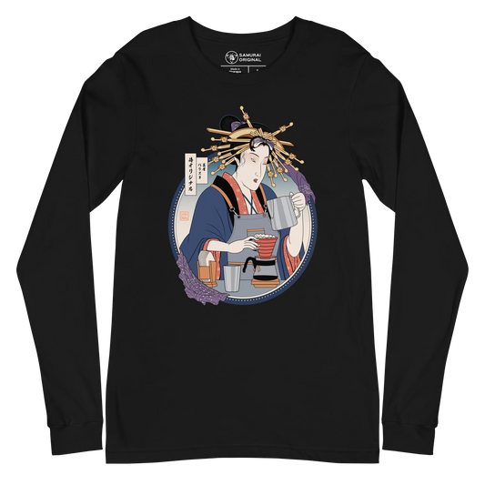 Geisha Barista Ukiyo-e Unisex Long Sleeve Tee - Black / S