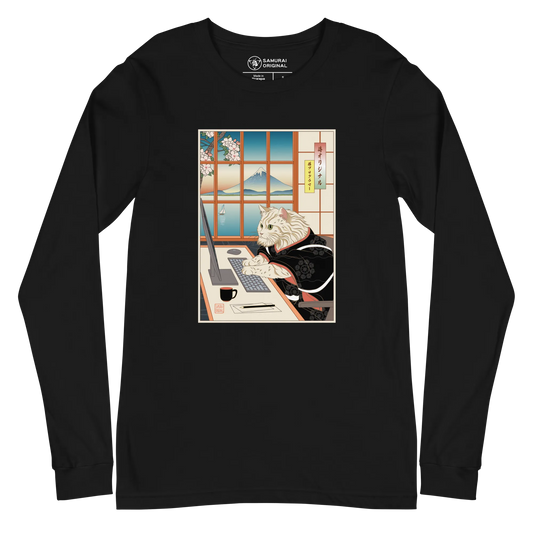 Cat Programmer Ukiyo-e Unisex Long Sleeve Tee - Black / S