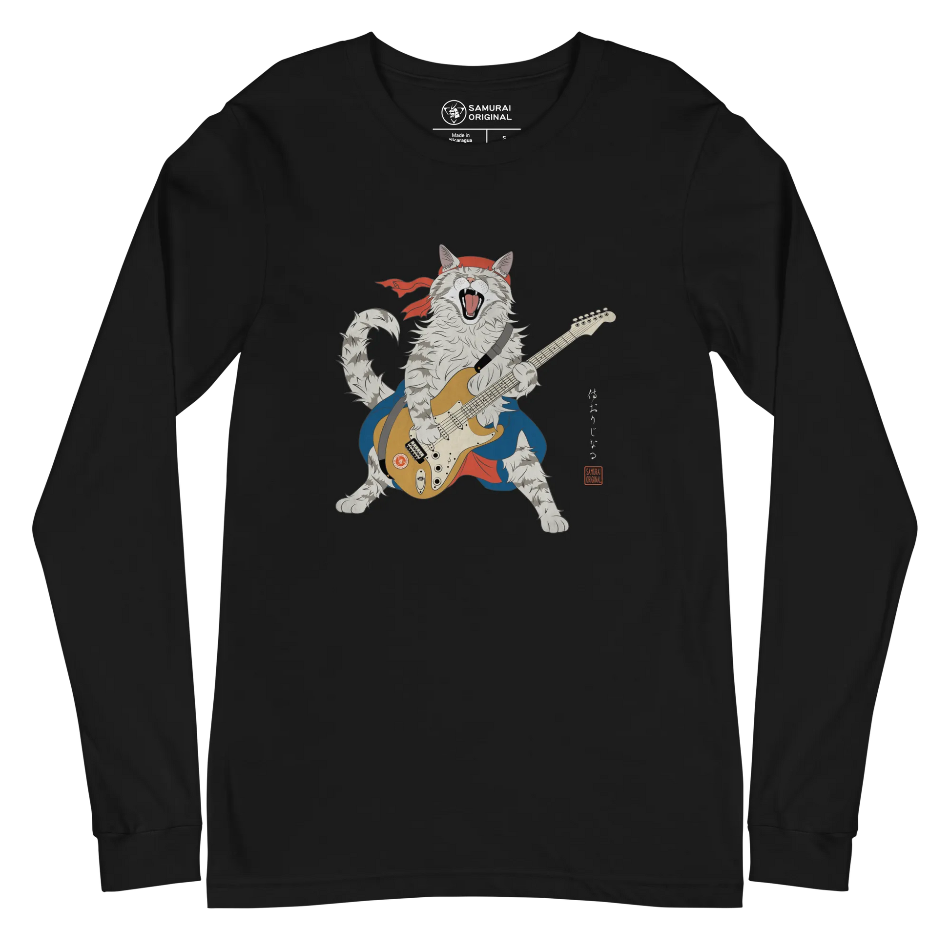 Cat Playing Guitar Japanese Ukiyo-e Unisex Long Sleeve Tee - Black / S