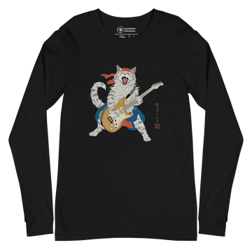 Cat Playing Guitar Japanese Ukiyo-e Unisex Long Sleeve Tee - Black / S