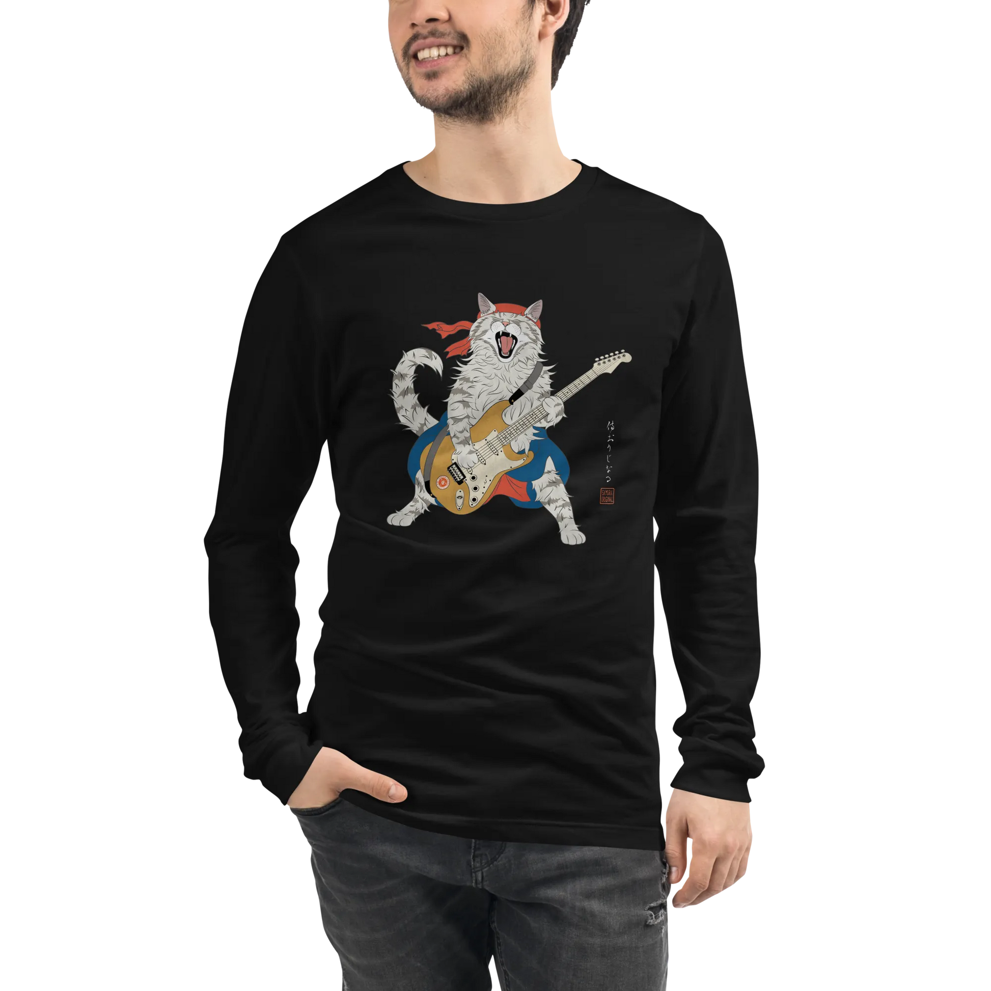 Cat Playing Guitar Japanese Ukiyo-e Unisex Long Sleeve Tee -