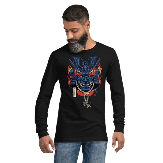 Samurai Mask with Fiery Eyes Ukiyo-e Unisex Long Sleeve Tee