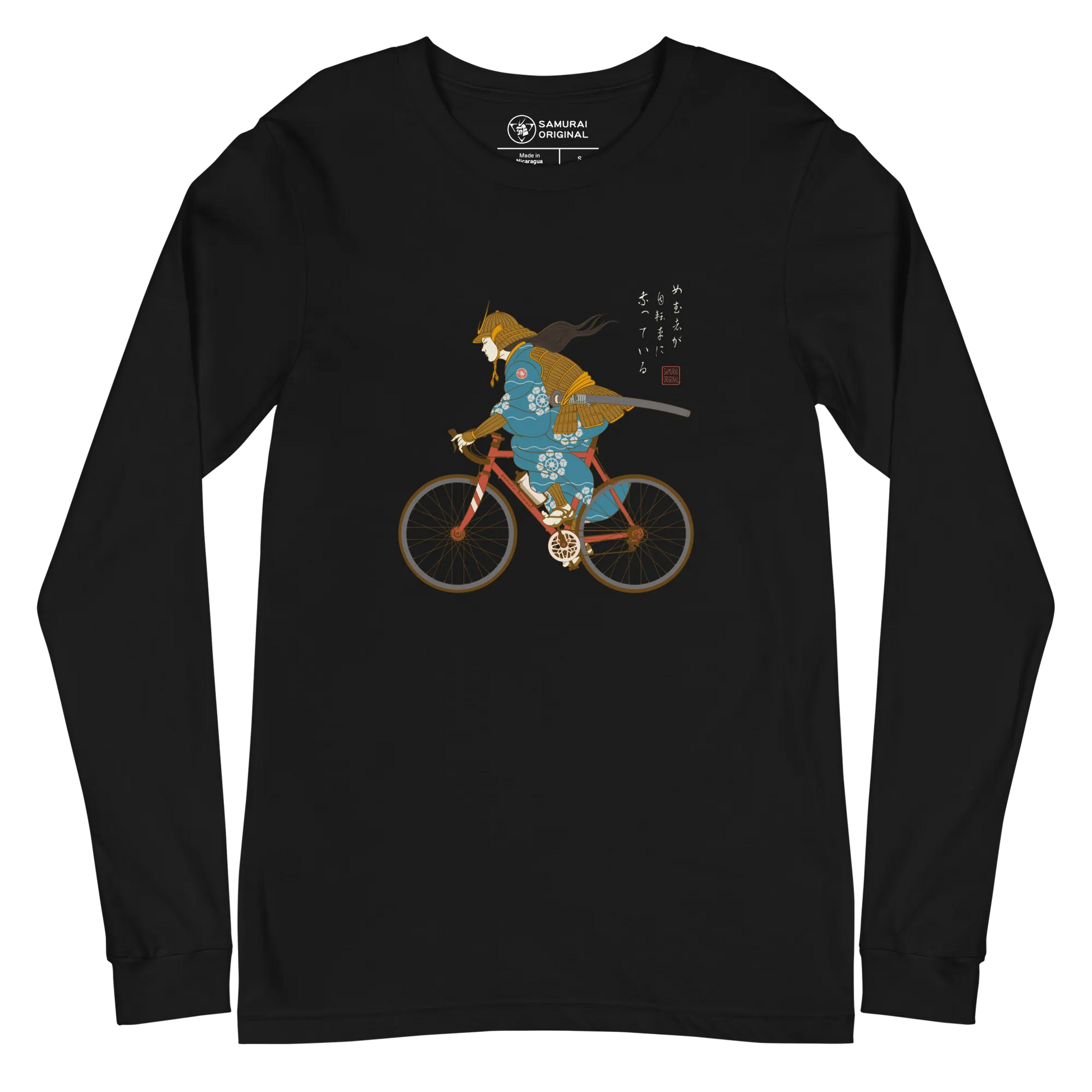 Onna Musha Riding Bicycle Japanese Ukiyo-e Unisex Long Sleeve Tee - Samurai Original