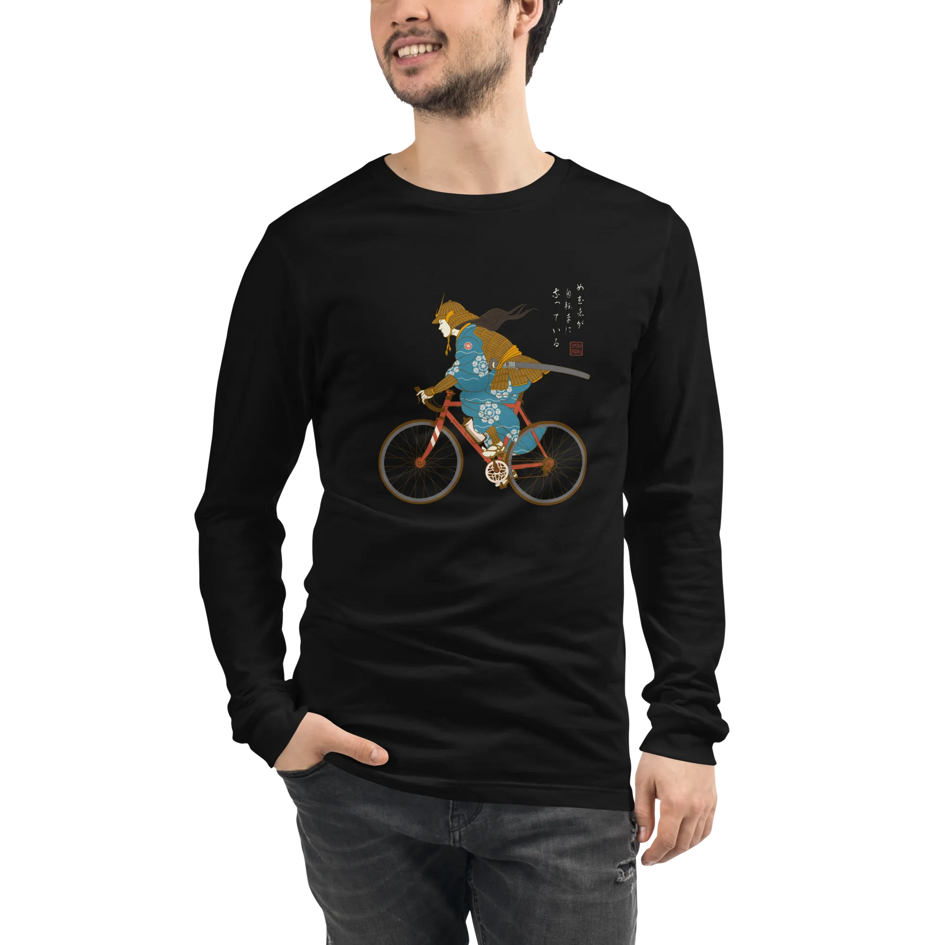 Onna Musha Riding Bicycle Japanese Ukiyo-e Unisex Long Sleeve Tee - Samurai Original