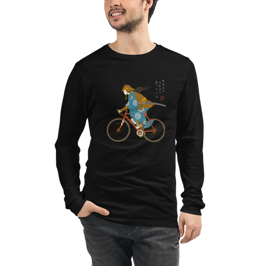 Onna Musha Riding Bicycle Japanese Ukiyo-e Unisex Long Sleeve Tee - Samurai Original